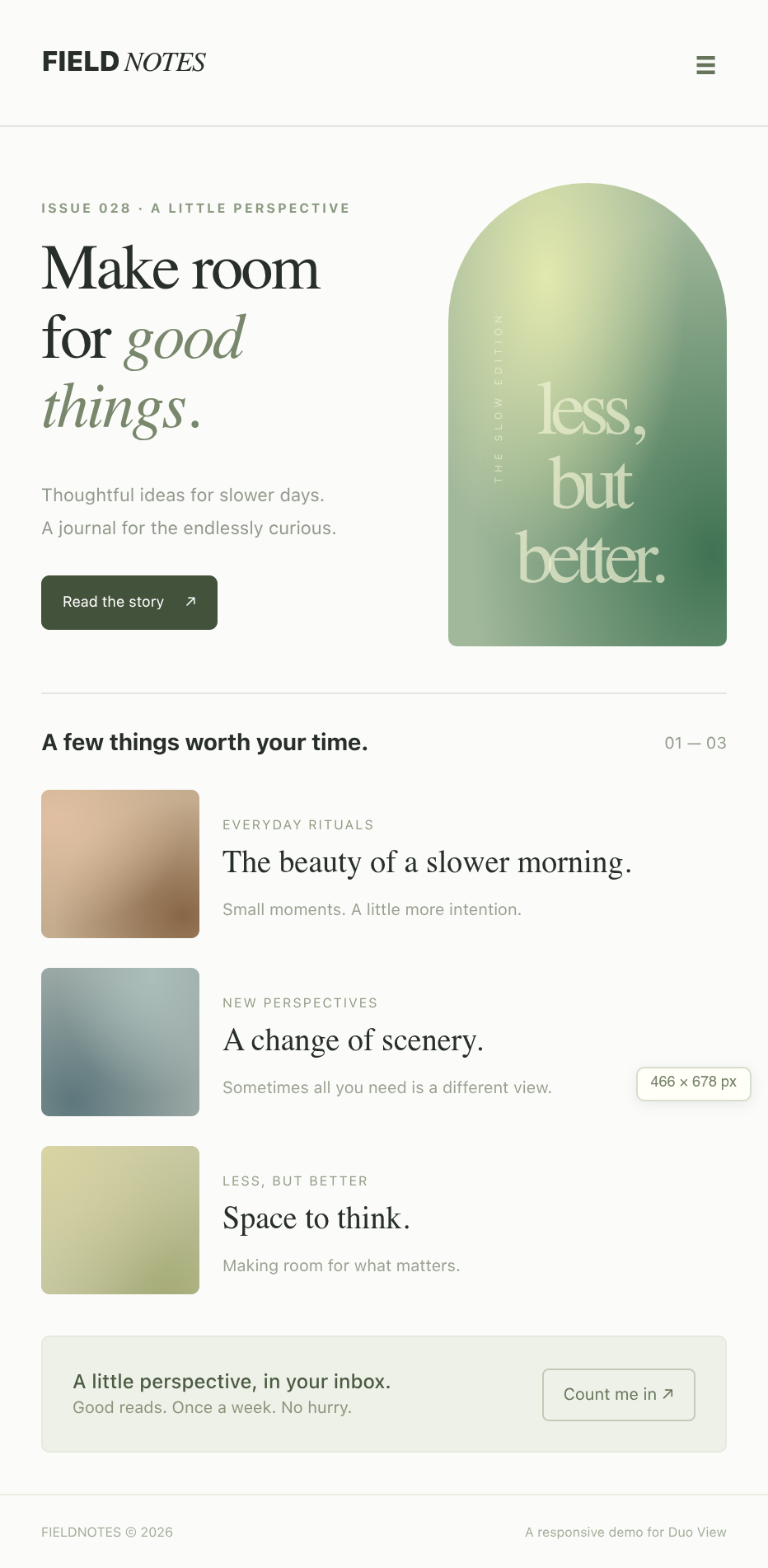 Field Notes responsive demo in the folded portrait viewport
