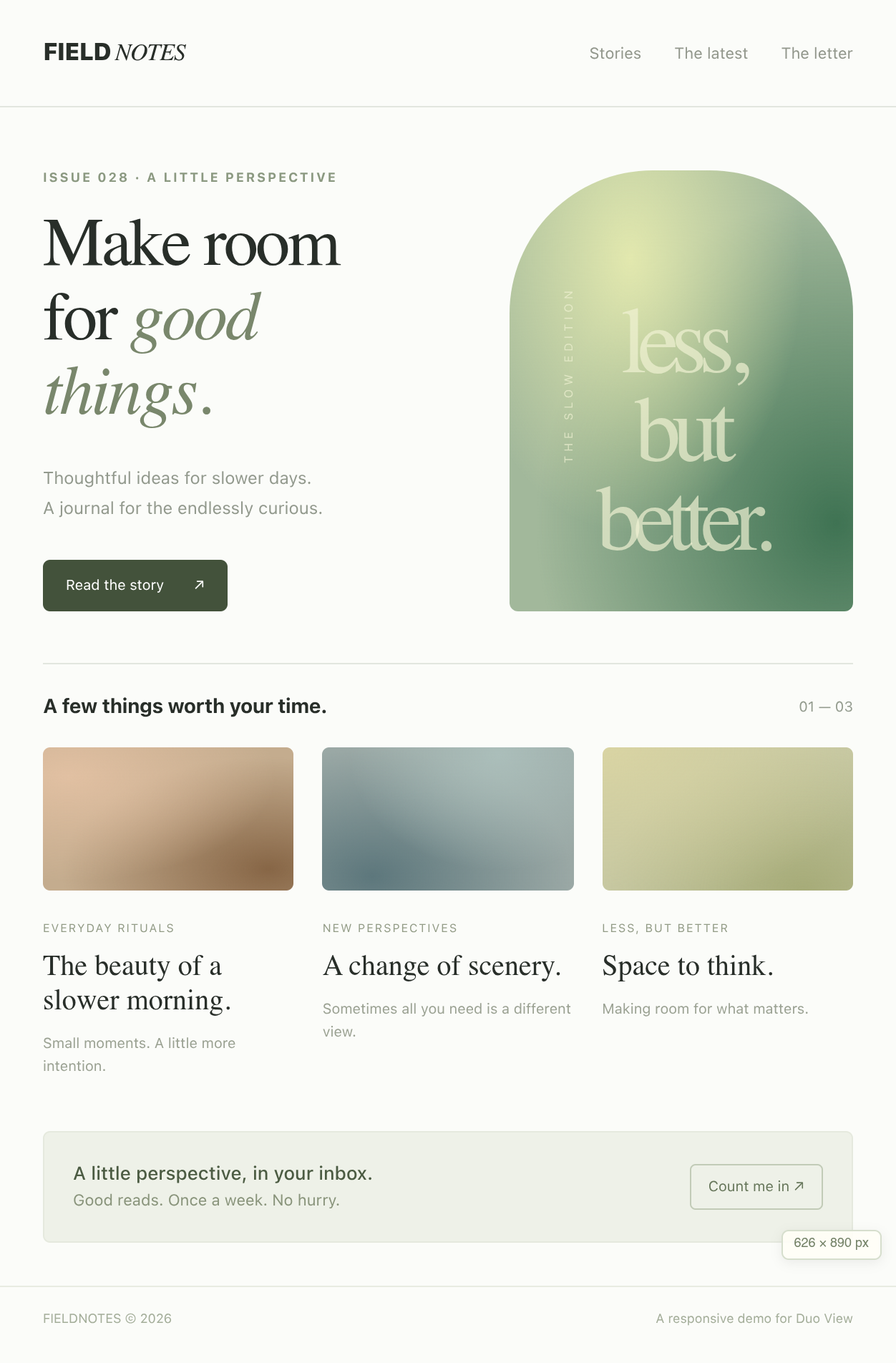Field Notes responsive demo in the open portrait viewport